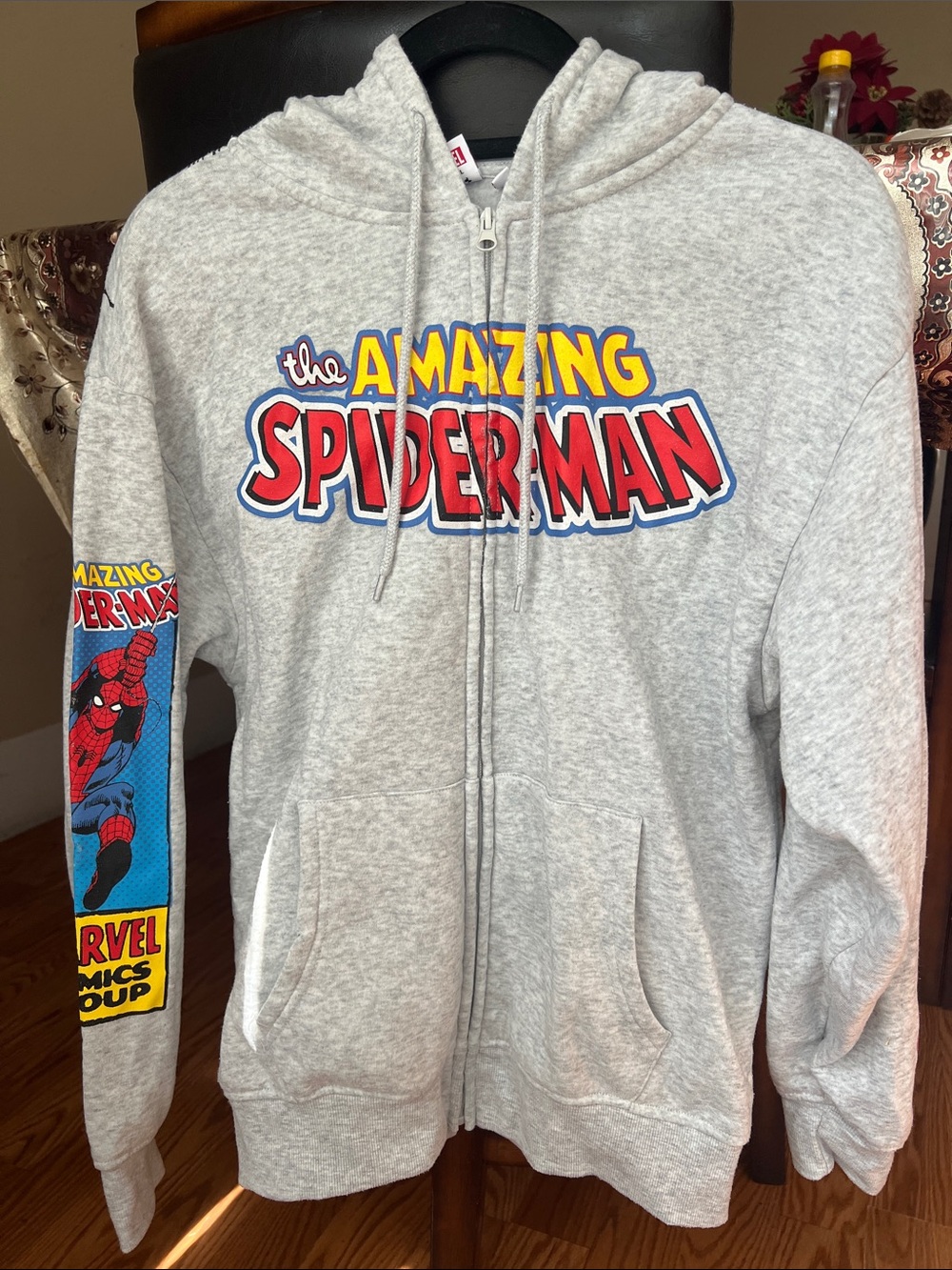 Marvel Kids Spider-Man Grey Zip-Up Hoodie with Red, Yellow & Blue Graphics